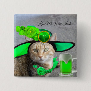 CHIC ST.PATRICK'S DAY CAT, GROENE ROZEN, IRISH BEE VIERKANTE BUTTON 5,1 CM