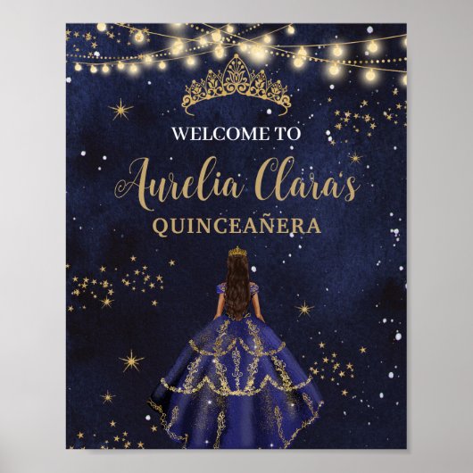Chic Starry Night Navy Blue Dress Gold Quinceañera Poster (Voorkant)