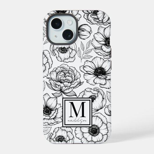 Chic Stijlvol Bloem Motief Initiaal Monogram iPhone 15 Case (Achterkant)