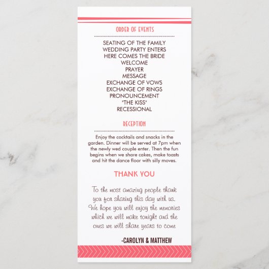 Chic Stijlvolle Coral Arrow Wedding Program Rack K Programmakaart (Achterkant)