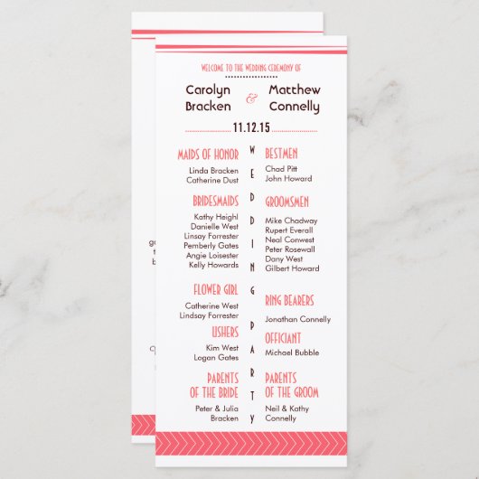 Chic Stijlvolle Coral Arrow Wedding Program Rack K Programmakaart (Voorkant / Achterkant)