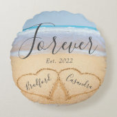 Chic Stof Blauw Strand Koppels Harten Zand  Rond Kussen (Voorkant)