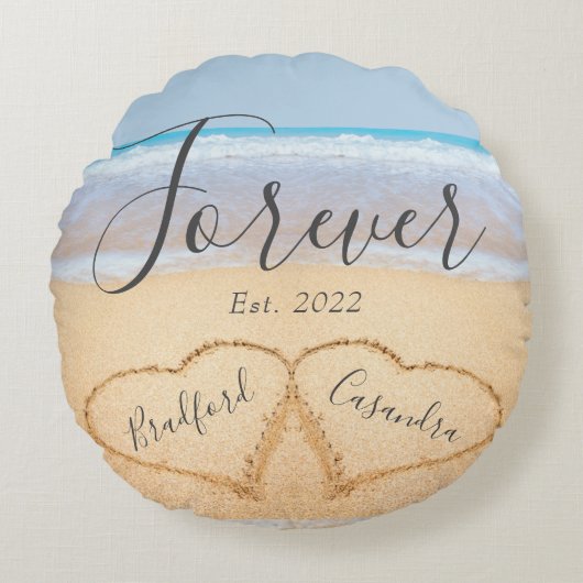 Chic Stof Blauw Strand Koppels Harten Zand  Rond Kussen (Voorkant)