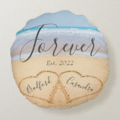 Chic Stof Blauw Strand Koppels Harten Zand  Rond Kussen (Achterkant)