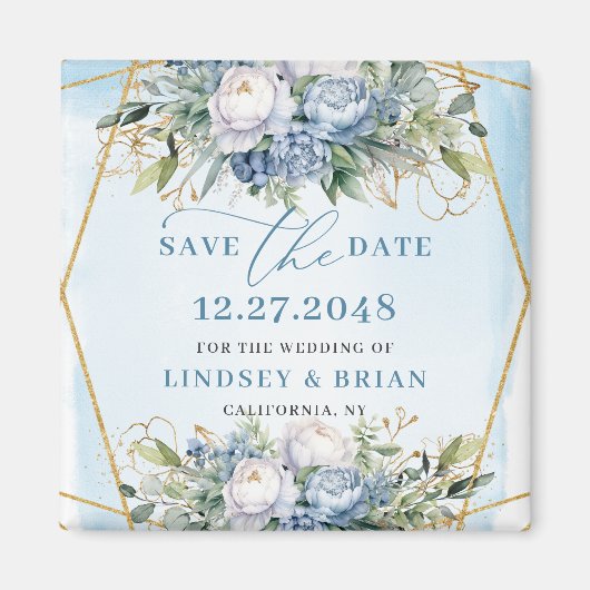 Chic Stof Blauwe Pioenrozen Gouden Lijst Save the Magneet (Voorkant)