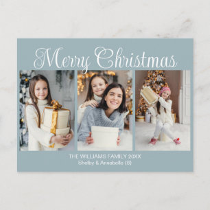Chic Stof Grijs Blauw Vrolijk Kerst Foto Collage Feestdagenkaart