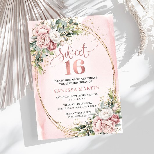 Chic Stof Roze Bloemen Eucalyptus 16e Verjaardag Kaart