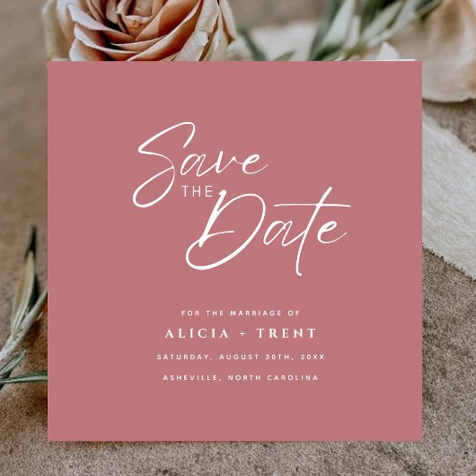 Chic Stof Roze & Witte Calligrafie Save the Date Kaart