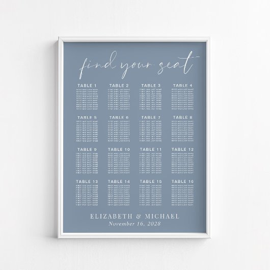 Chic Stofblauw 16 Tafel Trouw Stoelen Chart Poster