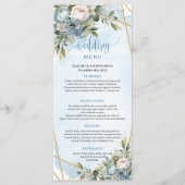 Chic Stofblauw Bloemen Wit Gouden Trouw Menu (Voorkant)