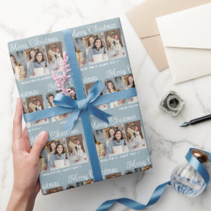 Chic Stofblauw Prettig Kerstmis Fotocollage Cadeaupapier