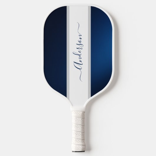 Chic Stofblauw Strepen Monogram Naam Pickleball Paddle (Voorkant)