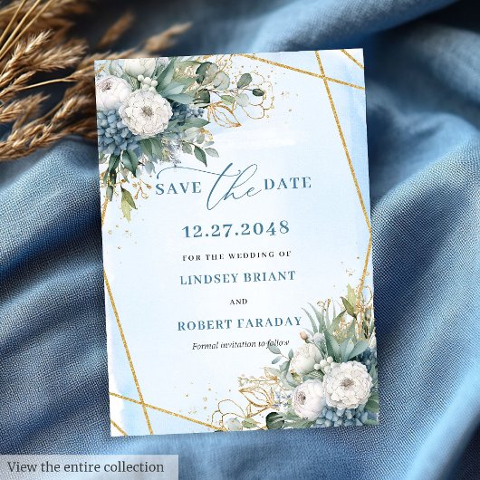 Chic Stofblauw Wit Goud Bloemstuk Save The Date Kaart