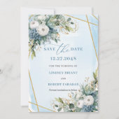 Chic Stofblauw Wit Goud Bloemstuk Save The Date Kaart (Voorkant)