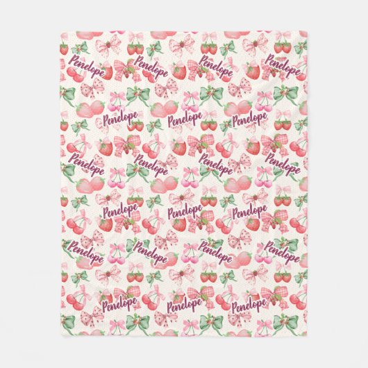chic strawberries coquette bow repeating name pink fleece deken (Voorkant)