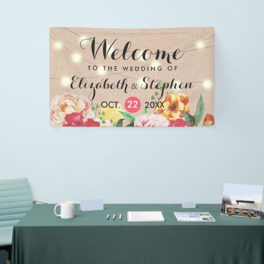 Chic String Lights en Linen Floral Wedding Banner (Beurs)
