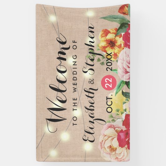 Chic String Lights en Linen Floral Wedding Banner (Verticaal)