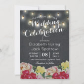 Chic String Lights Floral Black Grunge Wedding Kaart (Voorkant)