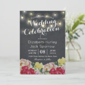Chic String Lights Floral Black Grunge Wedding Kaart (Staand voorkant)