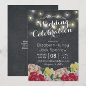 Chic String Lights Floral Black Grunge Wedding Kaart (Voorkant / Achterkant)