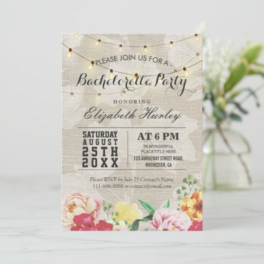 Chic String Lights Linen Floral Bachelorette Party Kaart (Staand voorkant)