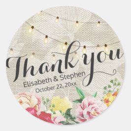 Chic String Lights Linen Floral Wedding Dank u Ronde Sticker