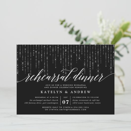 Chic String Lights Rehearsal Dinner Invitation Kaart (Staand voorkant)