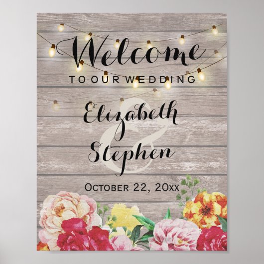 Chic String Lights Rustic Wood Floral Wedding Sign Poster (Voorkant)