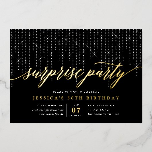 Chic String Lights Surprise Party Folie Uitnodiging (Voorkant)