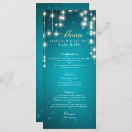 Chic String Lights Turquoise Glitter Wedding Menu (Voorkant / Achterkant)