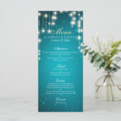 Chic String Lights Turquoise Glitter Wedding Menu (Staand voorkant)