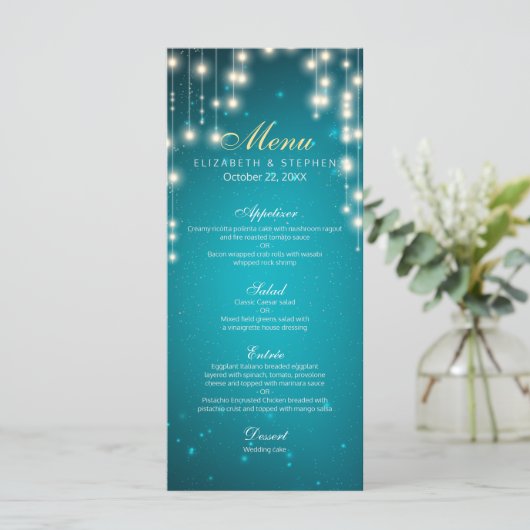 Chic String Lights Turquoise Glitter Wedding Menu (Staand voorkant)