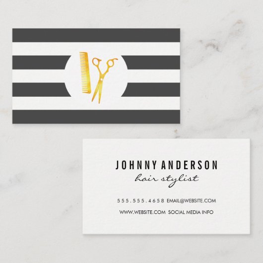 Chic Stripe Pattern Golden Scissors Comb Visitekaartje (Voorkant / Achterkant)