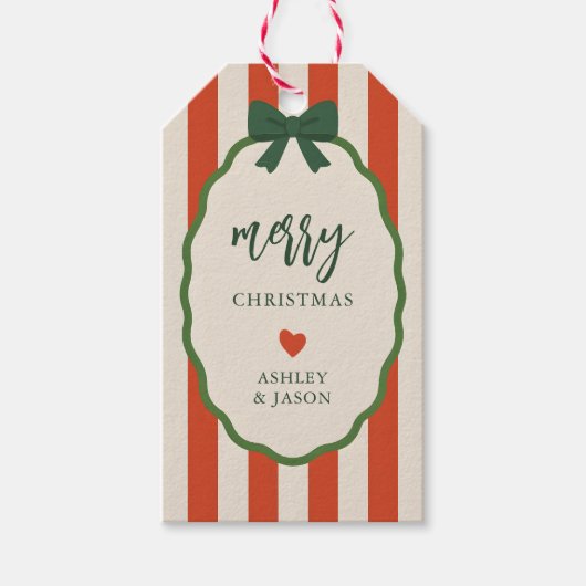 Chic Striped Red & Green Retro Merry Christmas Cadeaulabel (Voorkant)