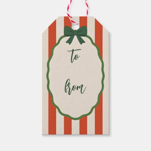 Chic Striped Red & Green Retro Merry Christmas Cadeaulabel (Voorkant)