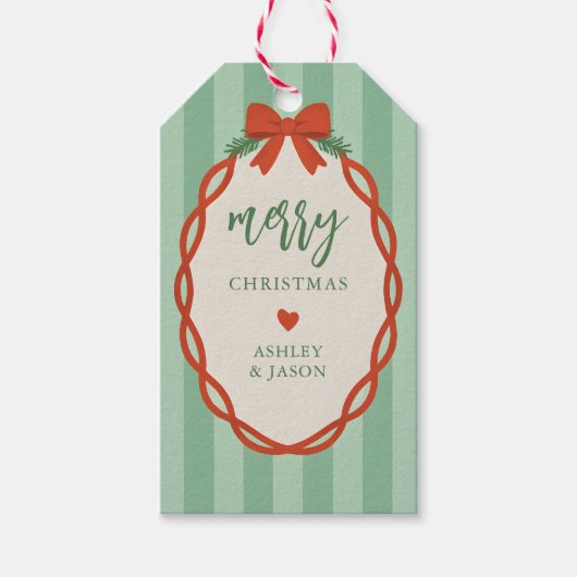 Chic Striped Red & Green Retro Merry Christmas Cadeaulabel (Voorkant)