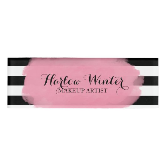 Chic Stripes Roze Black White Makeup Artist Naambadge (Voorkant)