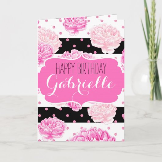 Chic Stripes Roze Bloemen Waterverf Happy Birthday Kaart (Voorkant)