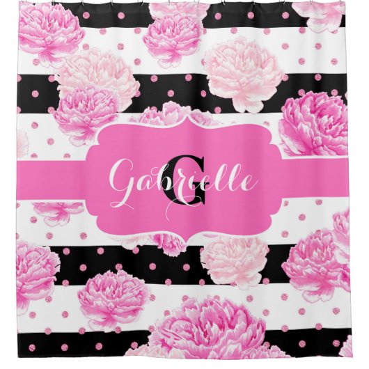 Chic Stripes Roze Waterverf Bloemmonogram Douchegordijn (Voorkant)