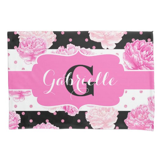 Chic Stripes Roze Waterverf Bloemmonogram Kussensloop (Voorkant)