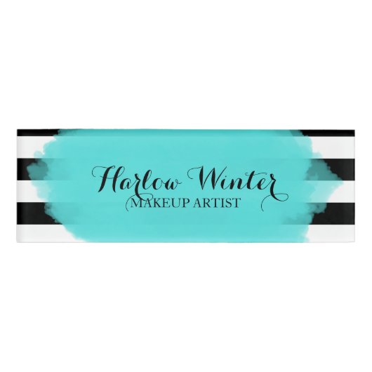 Chic Stripes Turquoise Black White Makeup Artist Naambadge (Voorkant)