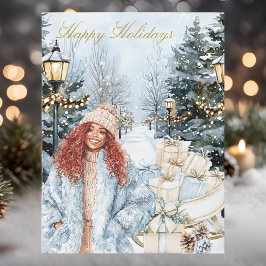Chic Stylish Black Woman Winter Scene Happy Feestdagenkaart