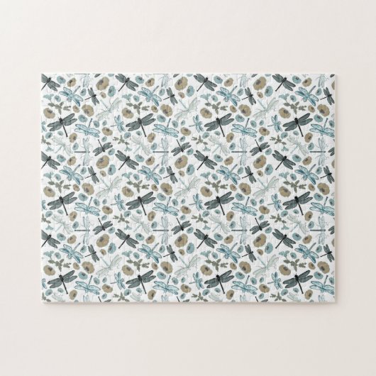 Chic Stylish Dragonflies Blues Teals Grey Flowers Legpuzzel (Horizontaal)