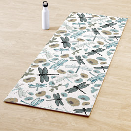 Chic Stylish Dragonfly Flowers Blues Gray Yogamat