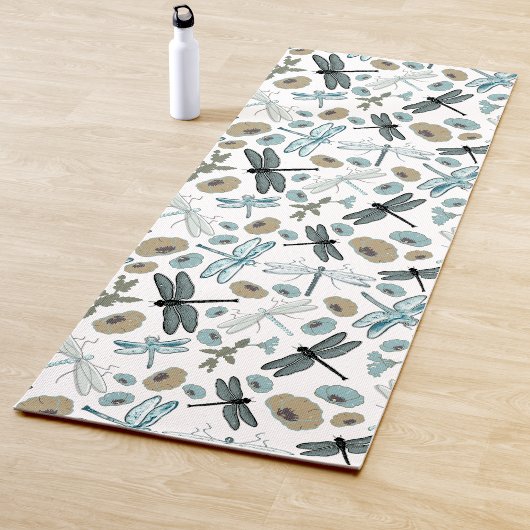 Chic Stylish Dragonfly Flowers Blues Gray Yogamat