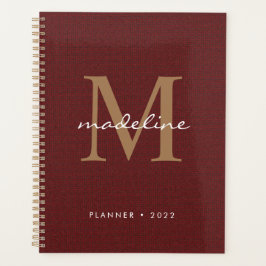 Chic Stylish Script Tweed Red Gold Monogram Planner