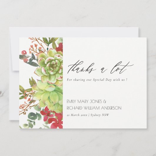 Chic Succulent Desert Cactus Red Floral Wedding Bedankkaart (Voorkant)