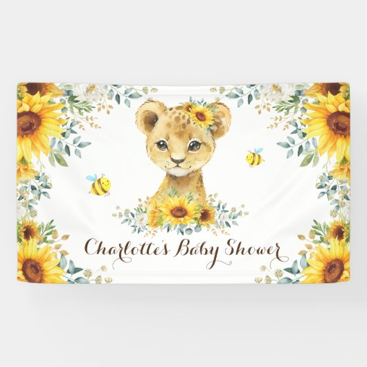 Chic Summer Sunflower Lion Cub & bijen Baby shower Spandoek (Horizontaal)