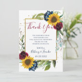 Chic Sunflower Burgundy Navy Blue Floral Bedankkaart (Staand voorkant)