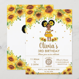 Chic Sunflower Cute African American Girl Birthday Kaart